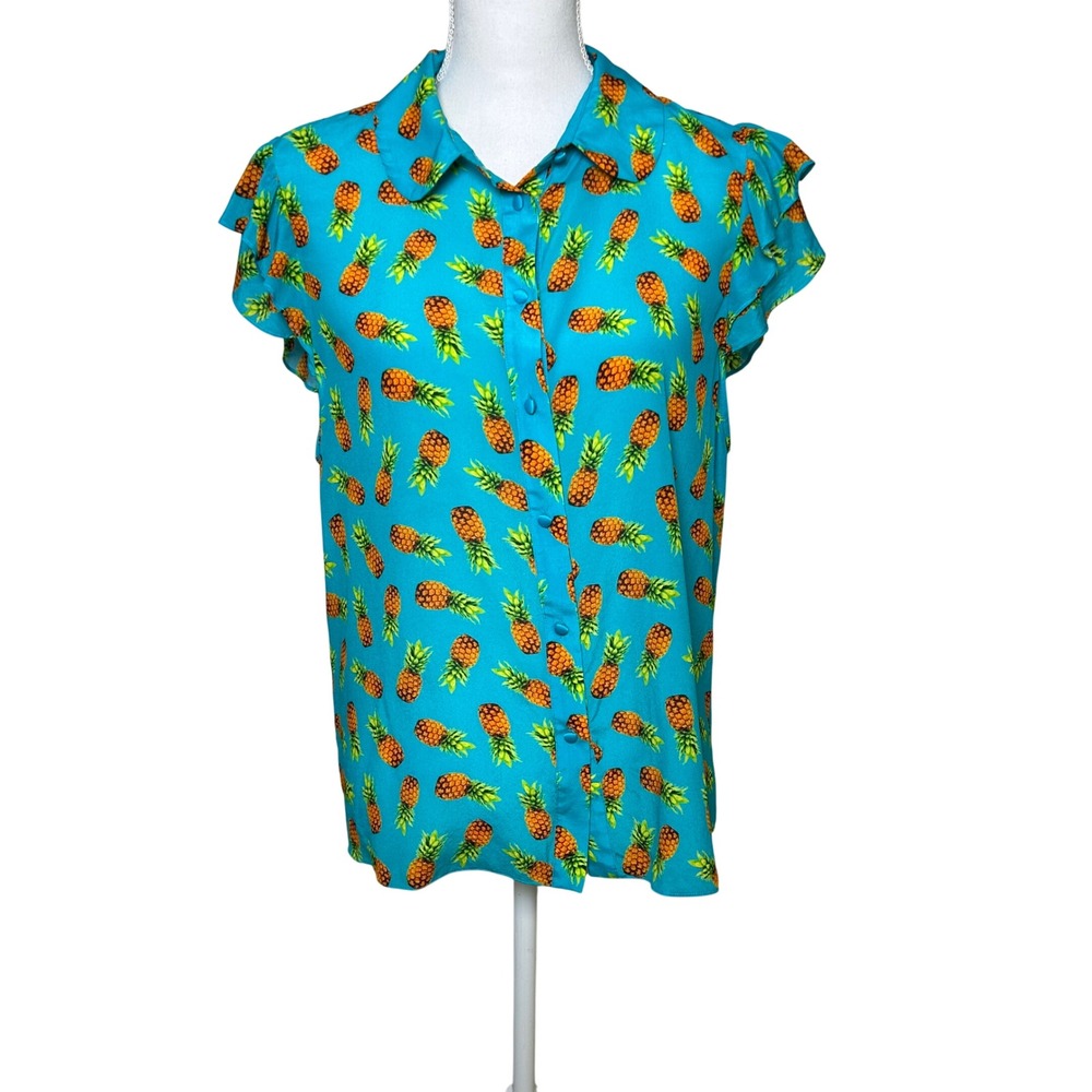 Alice + Olivia Ziggy Pineapple ruffle sleeve cap silk crepe turquoise blouse M*